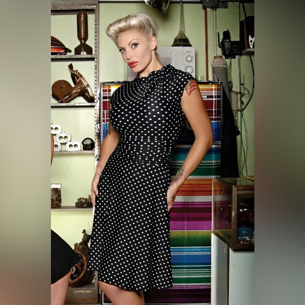 Folter Bridget Bombshell Fit & Flare Dress M Black Polka Dot Retro 50s Look